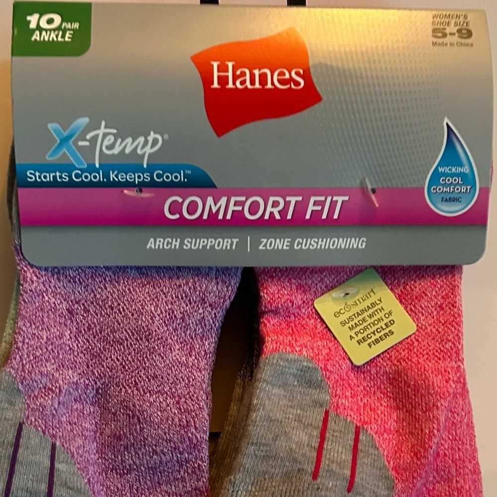Hanes 10 Pairs of Woman’s Ankle Socks Comfort Fit Arch  Support Shoe Size 5-9